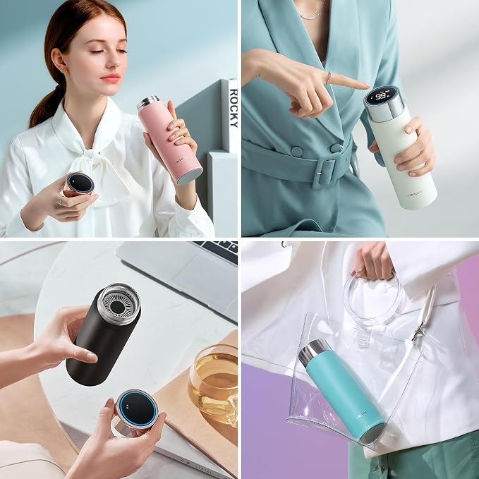 Vsitoo Smart self cleaning Insulated Water Bottle, 15oz Stainless Steel Vacuum Flask, AI Self-Clean, 30-Day Battery Life, BPA-Free, Magnetic Charging, Portable Travel Mug Gifts for Men Women, Blue