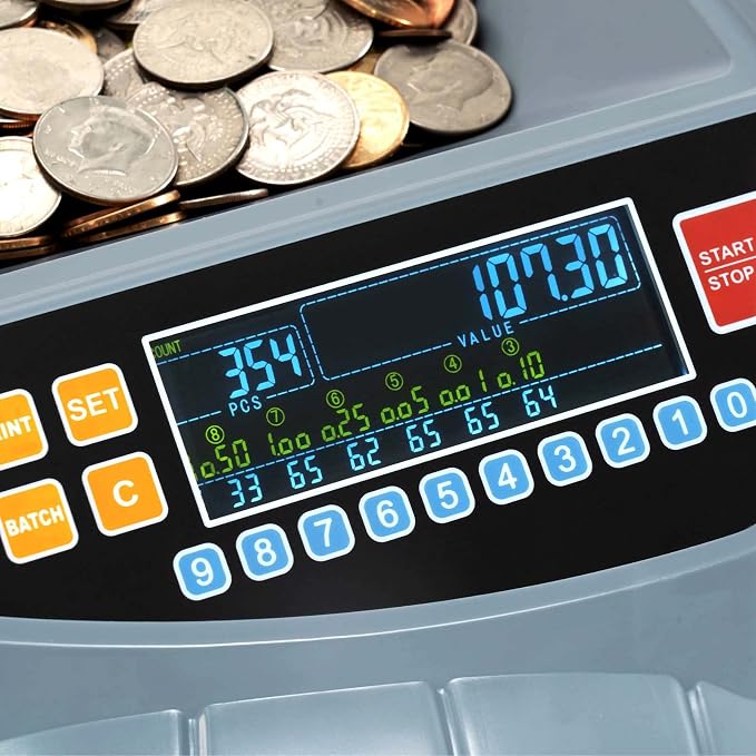 MUNBYN Coin Counter Machine, Coin Sorter Machine, 1¢, 5¢, 10¢, 25¢, 50¢ and Dollar, 250 Coins/min, Compatible with Printer, Batch Mode Change Counter Machine, 6 Bins and Tubes Roller