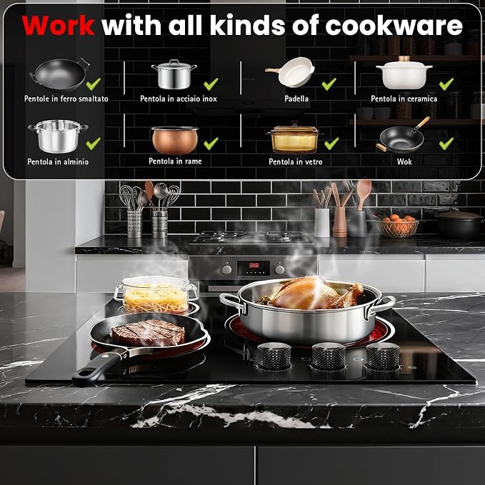 Electric Cooktop 24 Inch - 5700W 3 Burner Electric Stove with Knob Conrol, 220-240V Electrics Stove Top 24'', Built-in, Automatic Shutdown & 9 Heating Levels, Residual Heat Warning, Hard Wire