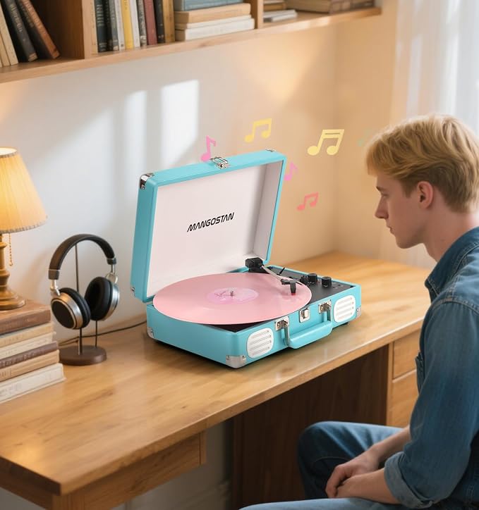 Record Player 3 Speed Bluetooth Portable Suitcase, Vinyl Phonograph with Built-in Bass & Speakers, Belt-Driven LP Player Support AUX-in RCA Line Out Headphone Jack, Blue