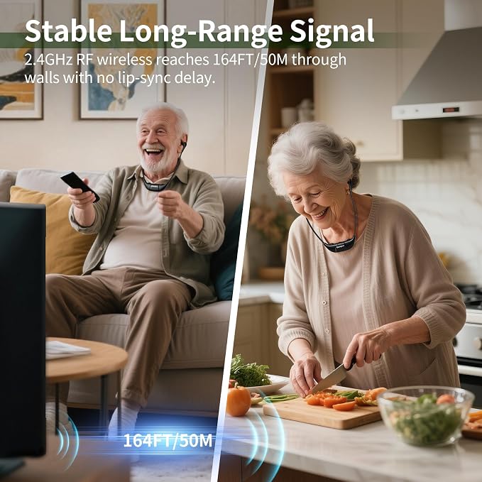Conqier Dual Wireless Headphones for TV Watching for Seniors, 2 Headsets & 2.4GHz Transmitter, 164FT Range No Delay, Voice Enhancer & Ambient Sound, L/R Balance, Personal Volume, Hear Your TV Better