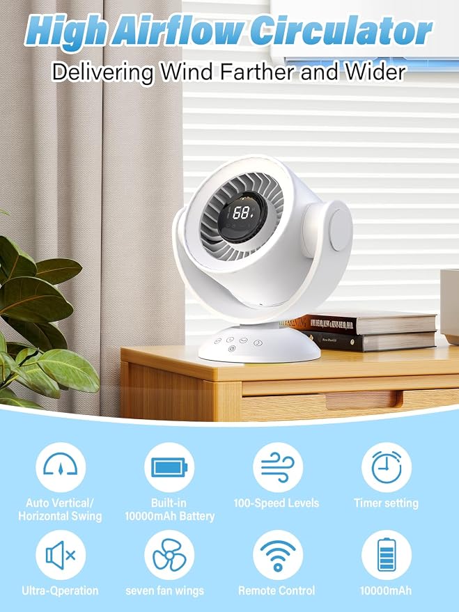 Desk Fans for Bedroom,Air Circulator Fan，90°Vertical +120°Auto Oscillating, 100 Speeds, 10H Timer, Quiet Fan, Digital Display Rechargeable USB, with Remote,for Home, Office（white）