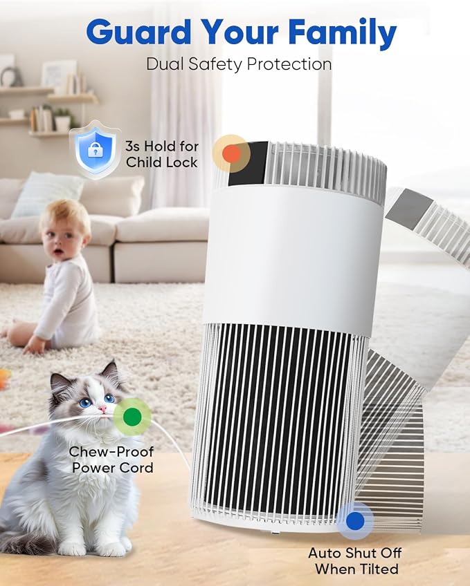 Air Purifier for Home Large Room 2500 Ft² with Washable Filters, Pet Air Purifier for Bedroom with PM2.5 Sensor, 20dB Sleep Mode, 360° Purification,12H Timer,Remove Dust, Odor, Smoke,White