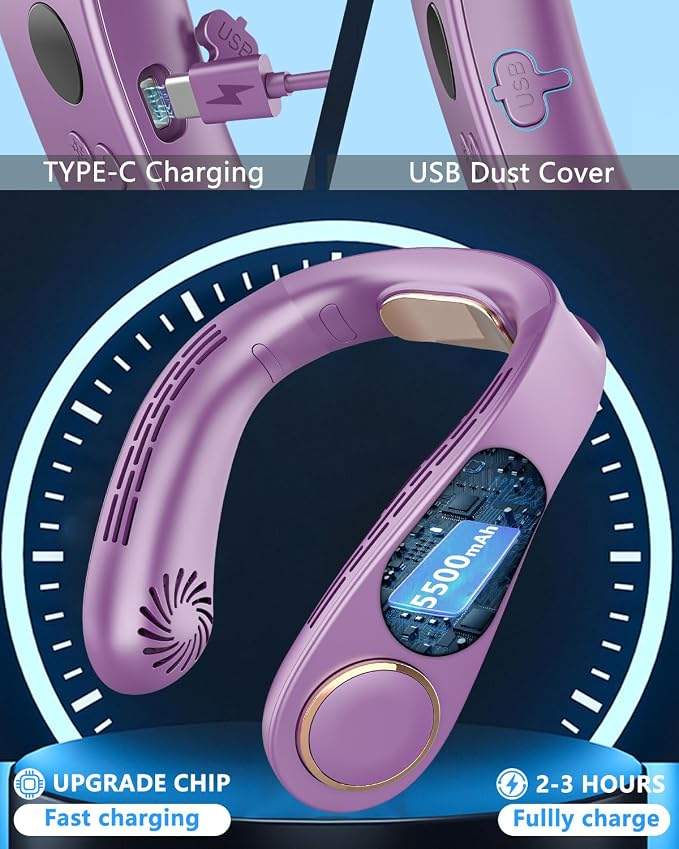 Personal Neck Fans that Blow Cold with Cooling Plate, Wearable Around Bladeless Cooling Device, Rechargeable Head Neck Coolers for Kids Women Men Extremely Hot Weather Outdoor Indoor, Dark Purple