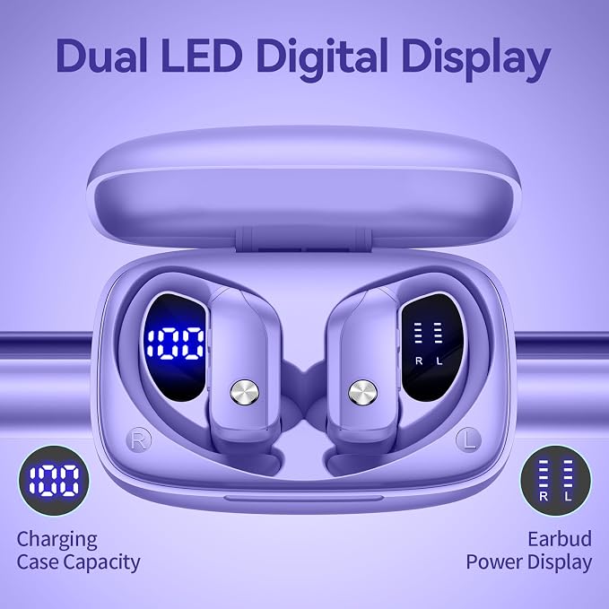 bmani Ear Buds Wireless Earbuds Bluetooth Headphones with 80H Playtime LED Display Case, Over-Ear Hook with Mic, Stereo Sound, Easy Button Controls, Sports Earphones for Running Workout Gym Purple