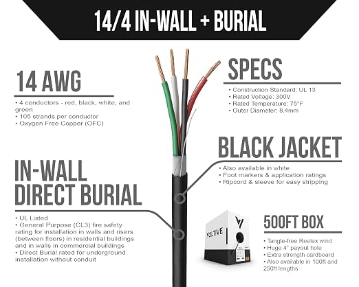 Voltive 14/4 Speaker Wire, in-Wall CL3 & Direct Burial, Black, 500ft - 14AWG, 4 Conductors, Stranded Oxygen-Free Copper, UL Listed - V-1209-5