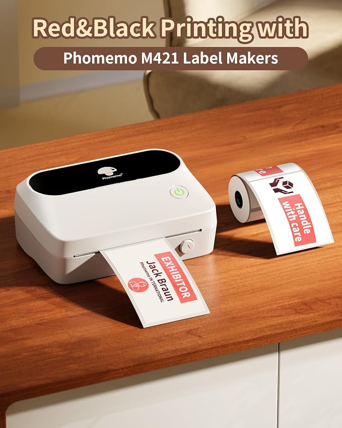 Phomemo M421 Label Maker, Label Printer for Warning Stickers Fragile Labels, with 1.97" x 3.15" (50x80mm) Red & Black Color Thermal Sticker Labels for Barcode, Address, Home, Business