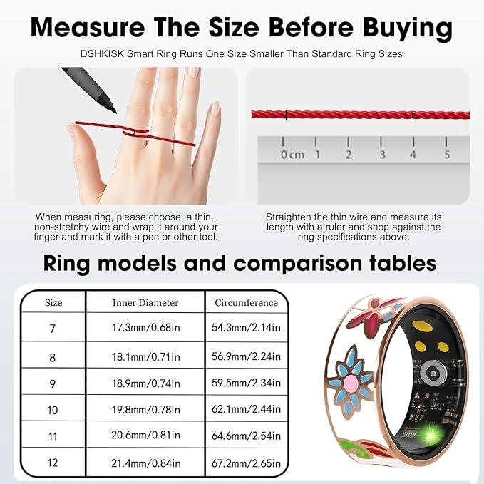 Smart Ring for Women Fitness Tracker with Heart Rate, SpO2, Blood Pressure & Sleep Monitoring, IP68 Waterproof, Long Battery Life, No Monthly Fees, for iPhone Android (10#&Floral)