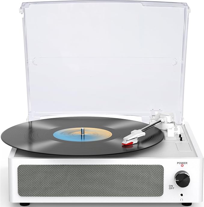 Vinyl Record Player with Speakers Turntable Belt-Driven Turn Table Support 3-Speed 3 Size BT Wireless Playback Headphone AUX-in RCA Line LP Phonographs Audio for Beginner Classic Pure White