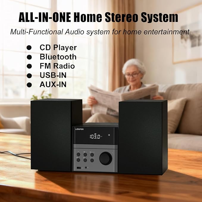 Home CD Stereo Shelf System, 30W Micro HiFi System (with CD Player, FM Radio, Bluetooth 5.3, USB Playback, AUX-in, Headphone Jack, Remote Control, DSP-Tech