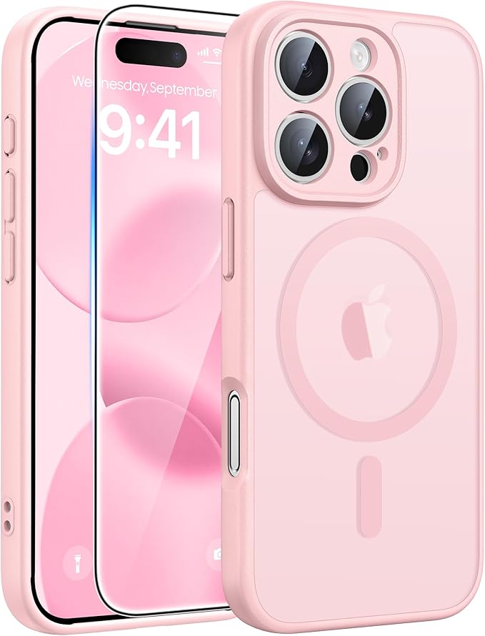 FNTCASE for iPhone 16 Pro Max Case: [Compatible with Magsafe] Translucent Matte Cases with [Full Camera Protection] [Screen Protector] Military Grade Shockproof Protective Phone Cover - Light Pink