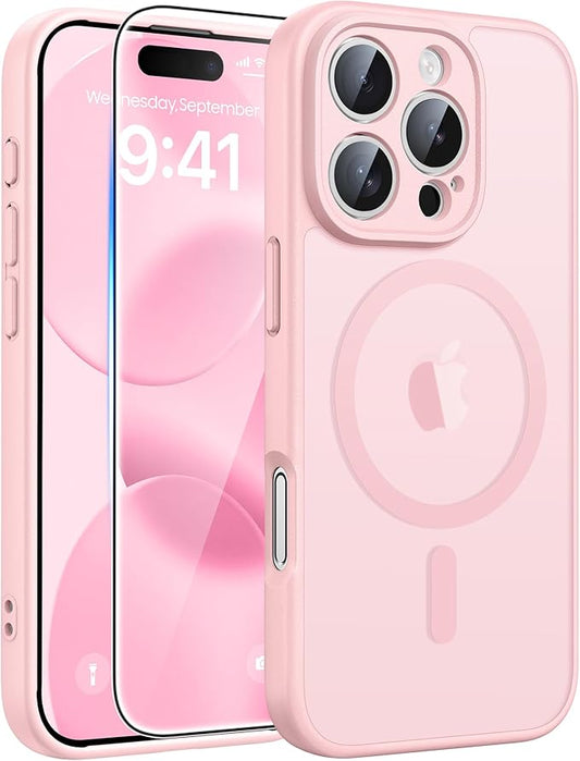 FNTCASE for iPhone 16 Pro Max Case: [Compatible with Magsafe] Translucent Matte Cases with [Full Camera Protection] [Screen Protector] Military Grade Shockproof Protective Phone Cover - Light Pink
