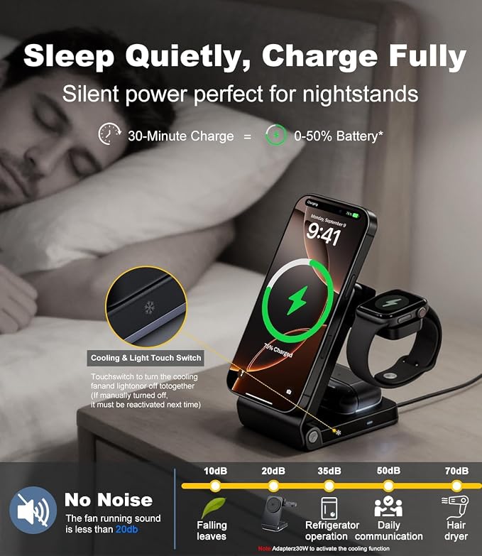 3 in 1 Wireless Charging Station with TEC Active Cooling, Qi2.2 25W Fast Charger for MagSafe Magnetic Foldable Charger Stand