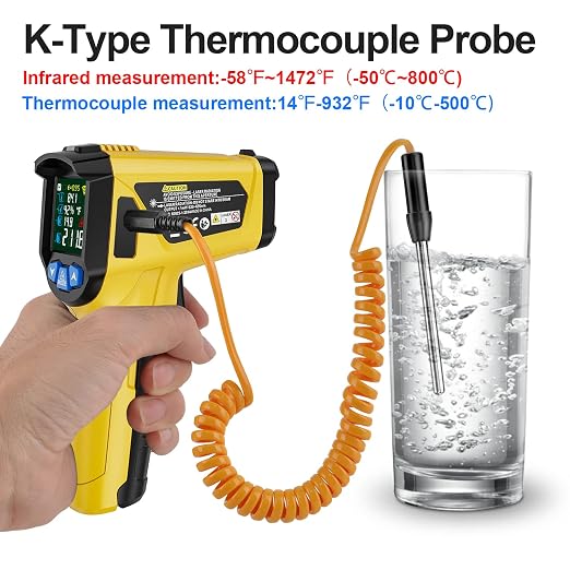 Infrared Thermometer Gun, TEMIRUP Non Contact Digital IR Laser Thermometer Temperature Gun with Probe for Cooking, Pizza Oven, Griddle, Humidity Measurement, Adjustable Emissivity -58°F to 1472°F