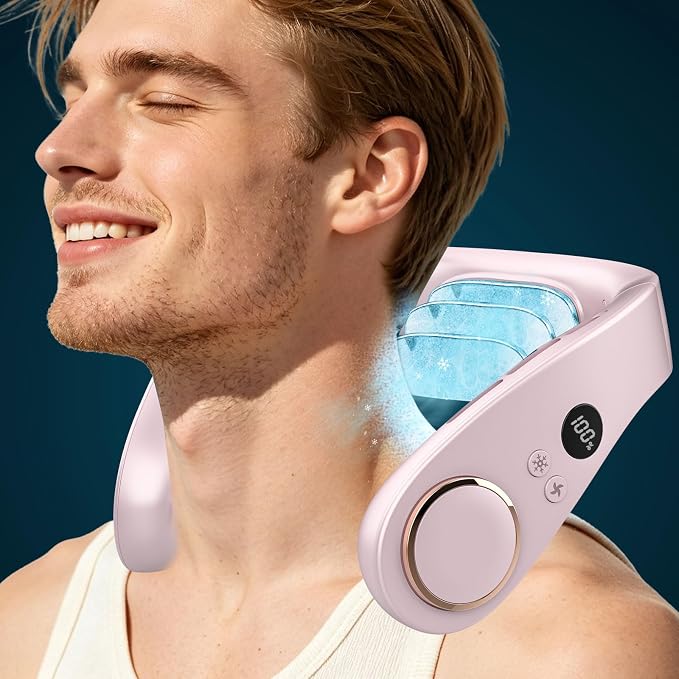 AJGJF Neck Fan with Cooling Plate,5500mAh Battery Operated, Silent 360° Cooling Personal Fan, 5 Speeds and 3 Temp Modes, 24H Max Long Lasting,LED Power & Gear Display, Necklace Fans for Summer Beach