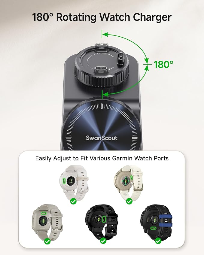 Charger for Garmin Watch, Magnetic Charger for iPhone 17 16 15 14, 3 in 1 Wireless Charging Station for Fenix, Venu, Forerunner, vivoactive, Instinct, Charger Stand for AirPods Pro 3/4 (No Adapter)