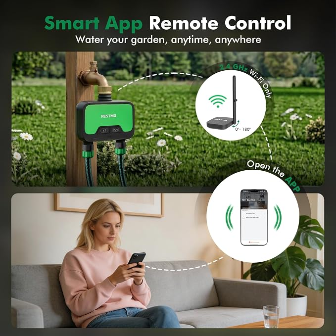 RESTMO Smart WiFi Water Timer for Garden Hose, 2 Zone Sprinkler Timer with APP Control & Brass Inlet, Rain Delay/Manual/Automatic Watering System, Quantity or Timed Irrigation Modes for Misting, Lawn