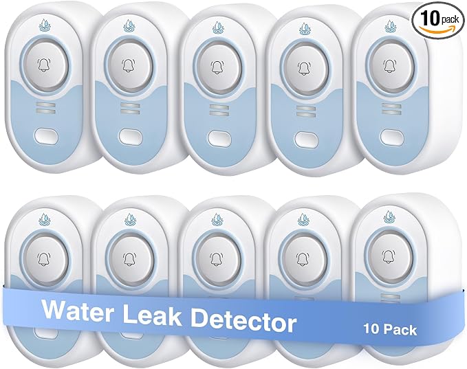Water Leak Detector 10 Pack, 5-Year Battery Life, Water Alarm with Low Battery Warning, 100dB Loud Sound and Self-Test Function, IP66 Waterproof for Home Basement Kitchen(Not Support Wi-Fi)