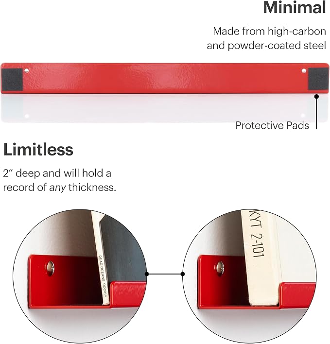 Vinyl Record Shelf - A Metal Display Shelf - Wall Mount Now-Playing Vinyl Shelves - an Album Record Holder That Doubles as a Picture Ledge - Fits All Records (Red)