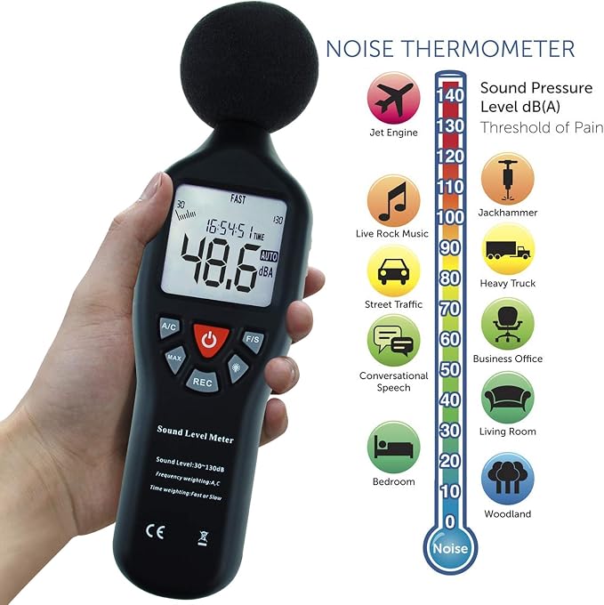 Decibel Meter Sound Level Meter with Data Logging, High Accuracy dB SPL Meter with LCD Backlight, Real-time Display, 30-130 dB Range, Connect Software in PC