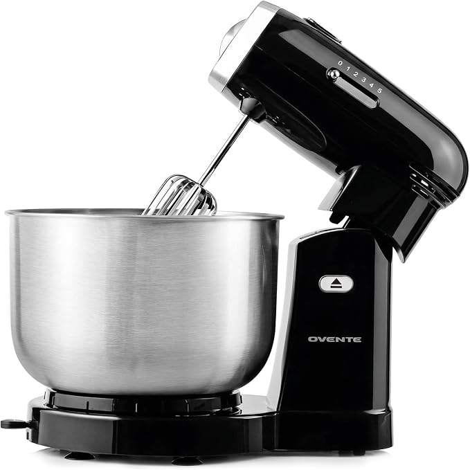 OVENTE Electric Stand Mixer with 3.5 Quarts Stainless Steel Mixing Bowl, 5 Speed Portable and Lightweight 250W Kitchen Mixer for Everyday Use, Includes 2 Egg Beater Whisk and Dough Hook Black SM680B