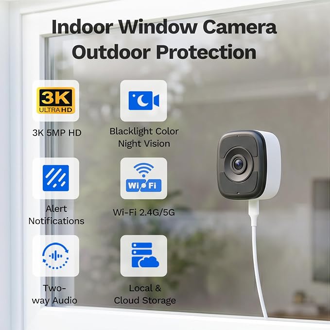 LongPlus 3K 5MP Magnetic Window Camera with Night Vision, 2.4&5GHz WiFi Safeview Window Security Camera, Indoor Window Camera for Home Security, 24/7 Recording, Human/Car Detection,Two-Way Audio