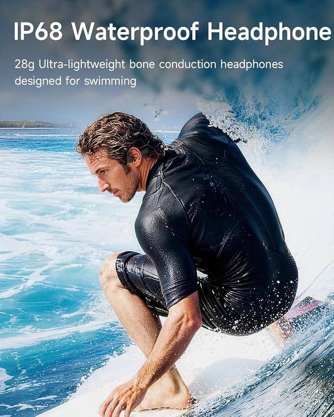 Swimming Headphones, Bone Conduction Headphones, Built-in MP3 Player with 32GB Memory, 10H Playtime, Bluetooth 6.0, IP68 Waterproof Open Ear Headphones for Swimming Underwater, Running, Surfing