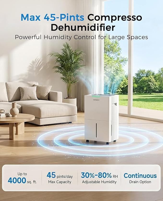 4000 sq.ft Dehumidifier for Basement with Drain Hose, 45 Pint Dehumidifiers for Home, Smart Compressor Dehumidifies for Large Room, Bedroom, 3 Modes, Intelligent Humidity Control, Auto