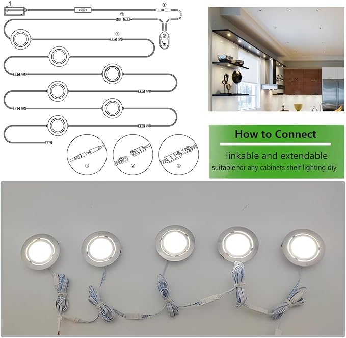 Smart Puck Lights LED Under Cabinet Lighting 2700k-6500k Dimmable Works with Alexa,Google Home,APP & Remote,12V,2W/pc,Recessed Kitchen Lamp Plug In for Counter,Display Shelf,2.5Inch Cutout,6pcs,Sliver