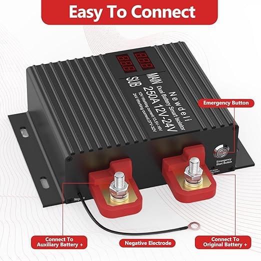 Newdeli 250 Amp Dual Battery Isolator 12V/24V Universal Voltage Sensitive Relay VSR Smart Dual Battery Isolator Kit for Marine RV UTV Car Boat Truck Trailer ATV Camper Moto