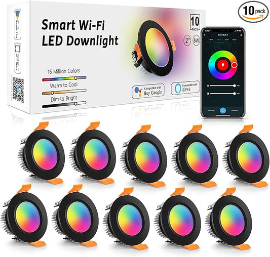 LightingWill 2 Inch Recessed Lighting, Smart WiFi LED Downlight, 5W LED Ceiling Light Compatible with Alexa/Google Assistant, Dimmable RGB & 2700K-6500K, 120V with Driver, Black Trim (10 Pack)