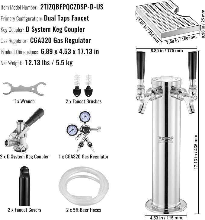 VEVOR Kegerator Tower Kit, Dual Taps Beer Conversion Kit, Stainless Steel Keg Beer Tower Dispenser with Dual Gauge CGA320 Regulator & D-System Keg Coupler, Beer Drip Tray for Party Home