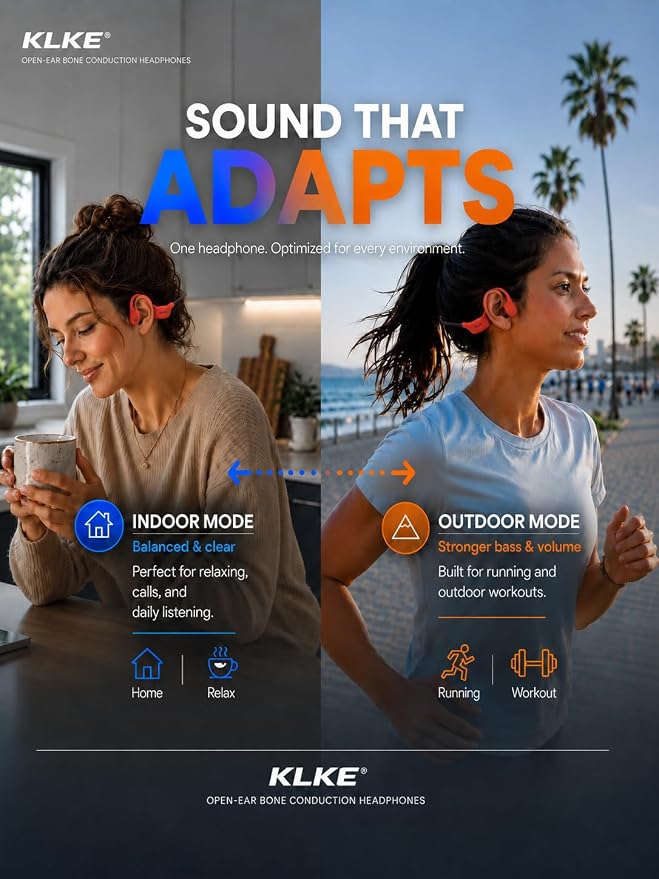 Open-Ear Bone Conduction Headphones for Running, Bluetooth Sports Headphones with Rear Safety Light, Dual Modes, Adjustable Fit, IP66 Waterproof, Mic, 10H Playtime for Gym Cycling