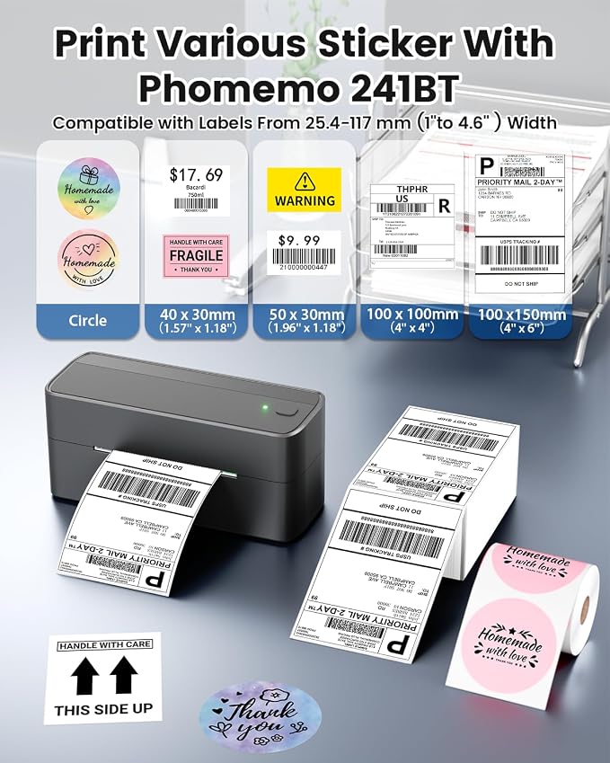 Phomemo 241BT Bluetooth Shipping Label Printer & Digital Shipping Postage Scale 66lb with 59In Tape Measure, 4X6 Wireless Thermal Printer for Samll Business, Label Printers for Shipping Package