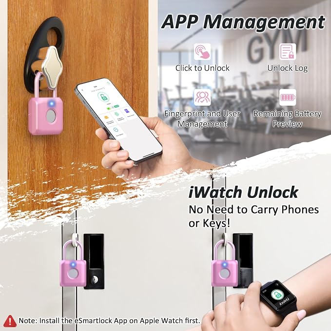 Pothunder Fingerprint Padlock, Smart Padlock, Locker Lock, Combination Lock, Fingerprint Lock with APP Unlock, USB Rechargeable, Suitable for Gym Locker, Door, Locker(Pink)