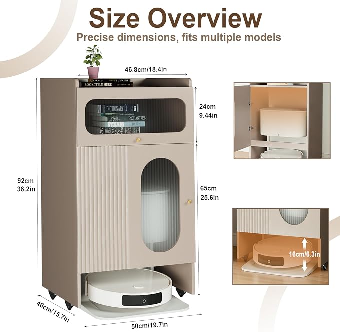 Robot Vacuum Stand Cabinet, Wood Storage Cabinet with Wheels & Doors for Robot Vacuum Cleaner, Hidden Storage Cabinet for Living Room, Easy Water Changing