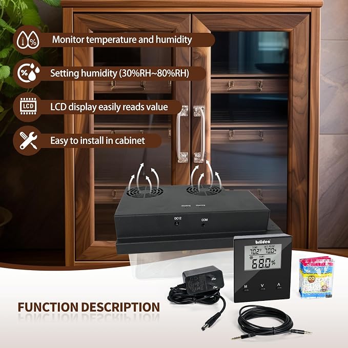 Briidea Electric Humidifier for 10–16 Cu. Ft. Cabinets, Adjustable 30%–80% RH, Accurate Temperature & Humidity Control, 12V Power Supply