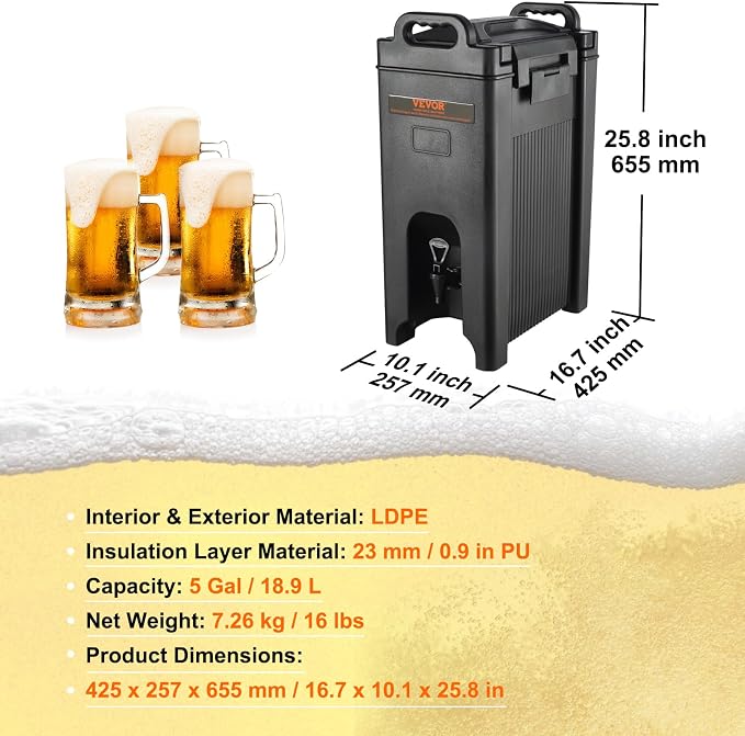 VEVOR Insulated Beverage Dispenser, 5 Gallon, Food-grade LDPE Hot and Cold Beverage Server, Thermal Drink Dispenser Cooler with 0.9 in PU Layer Two-Stage Faucet Handle, for Restaurant Drink Shop