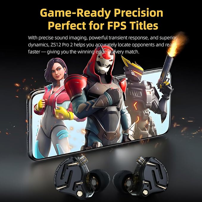 KZ ZS12 PRO 2 in Ear Monitor,1DD+5BA Hybrid Wired Earbud,IEM Earphones,Gaming Earbuds,HiFi Deep DASS IEM for Gaming,KZ Earbuds with 2PIN Cable for Audiophile (with Microphone, Black)