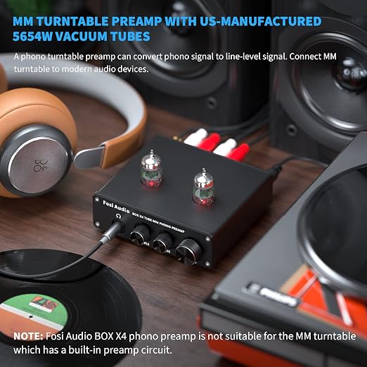 Fosi Audio Box X4 Phono Preamp with JAN 5725W Vacuum Tubes for MM Turntable Phonograph Record Player with Volume Bass Treble Control