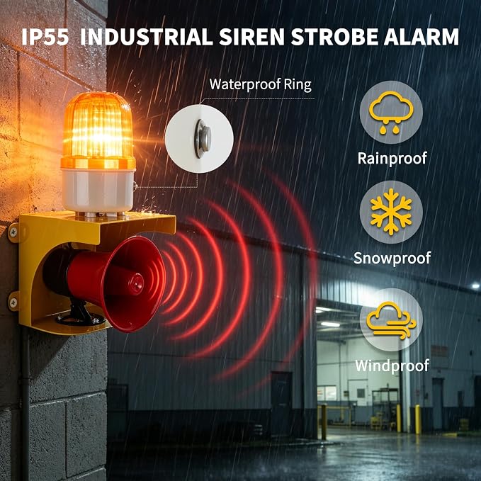 AC110V Industrial Siren Alarm Strobe Light-120dB Loud Horn&Waterproof Red Beacon Warning Light for Emergency,Factory,Fires,Tornado,Intruder Deterrent (AC110V Amber Light (Switch,0-120dB))
