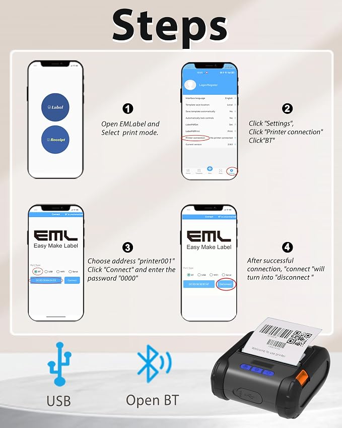 ZYWELL ZM04 1.0 Label Maker, Bluetooth Thermal Label & Receipt Printer Two-in-One 58mm/80mm,Portable for Android/Windows, NO iOS/MAC
