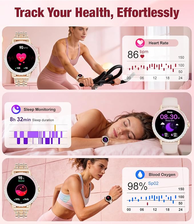 SUNKTA Smart Watch for Women (Answer/Make Call),1.27" Curved Display Smartwatch with Female Cycle/Sleep Monitor,5ATM Waterproof Fitness Tracker 100 Sport Modes Pedometer for Android/iOS,Gold Diamond
