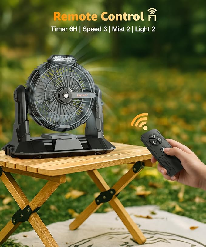 lynker Portable Misting Fan with Remote, Camping Fan with 20000mAh Rechargeable Battery Operated, 6L Water Tank, 3 Speed Levels, 2 Spray Modes, Hanging & Lighting for Outdoor Indoor Cooling (Black)