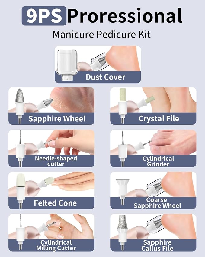 Manicure Pedicure Kit with Case, Professional Nail Grinder for Senior Thick Toenail, Cordless Electric Nail File, 5 Speeds Pedicure Tools for feet Callus Remover (Navy Blue)