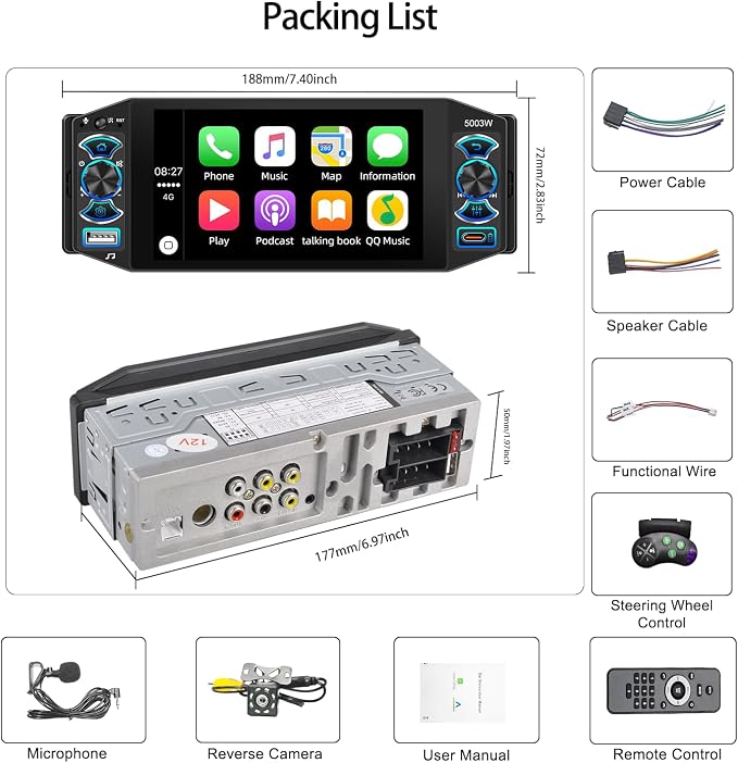 Car Stereo with Wireless Apple Carplay & Android Auto, 5" IPS Single Din Touchscreen Radio, Bluetooth 5.2, Physical Knob Control, Waterproof Backup Camera, FM AM, MirrorLink, USB/Type-C, Navigation