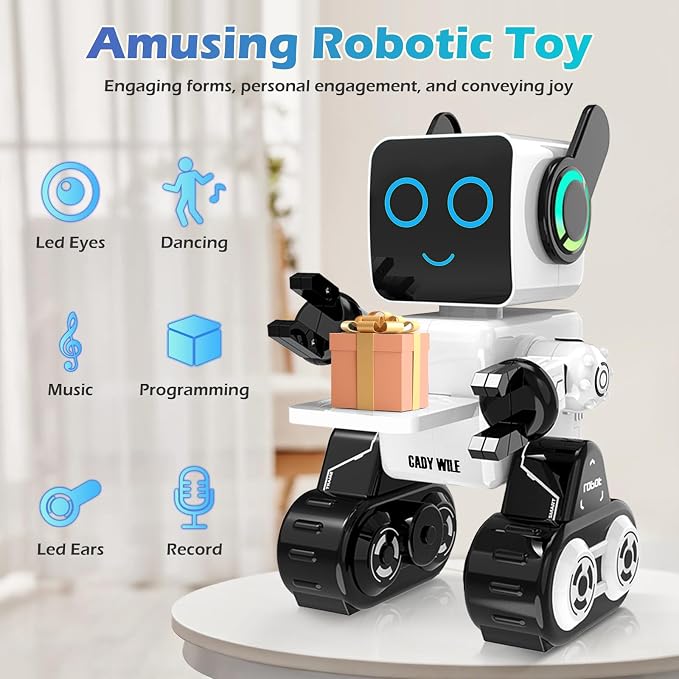 Rechargeable RC Robot Toy for Kids - Interactive Intelligent LED Light, Speaks, Dances, Built-in Coin Bank (White)