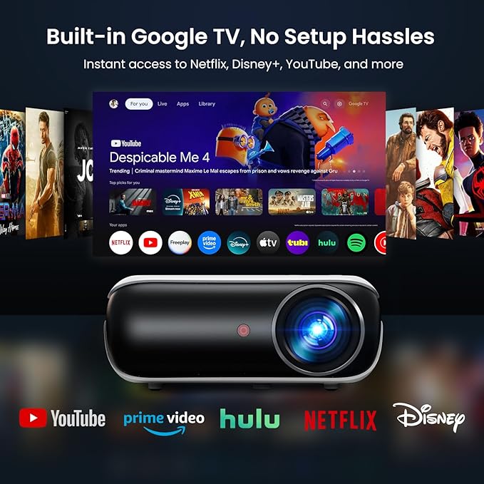 HAPPRUN Native 1080P Projector, Bluetooth Home Theater Movie Projector with Built-in Speaker, Compatible with Smartphone, HDMI, Fire Stick, PS5, Indoor & Outdoor Use -With Google TV System