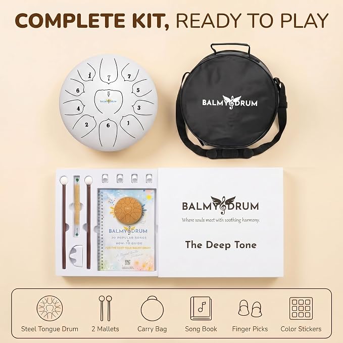 Balmy Drum Steel Tongue Drum 6 inch 8 Notes 440Hz, Handpan Drum with Music Book, Mallets, Carry Bag, Finger Picks, Rain Drum for Outdoor, Meditation Yoga Calming Instruments for Adults Kids (White)
