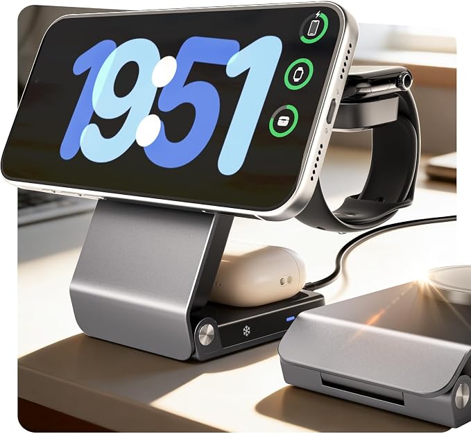 CloudValley 3-in-1 Magnetic Travel Wireless Charging Station, 25W Foldable Charging Stand with TEC Active Cooling Fan, Design for MagSafe iPhone 17/16, AirPods & Apple Watch（Adapter Included